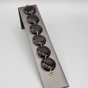 Brown Lucite Disc Bracelet with Gold Tone Links Fold Over Clasp 6.75 Inches